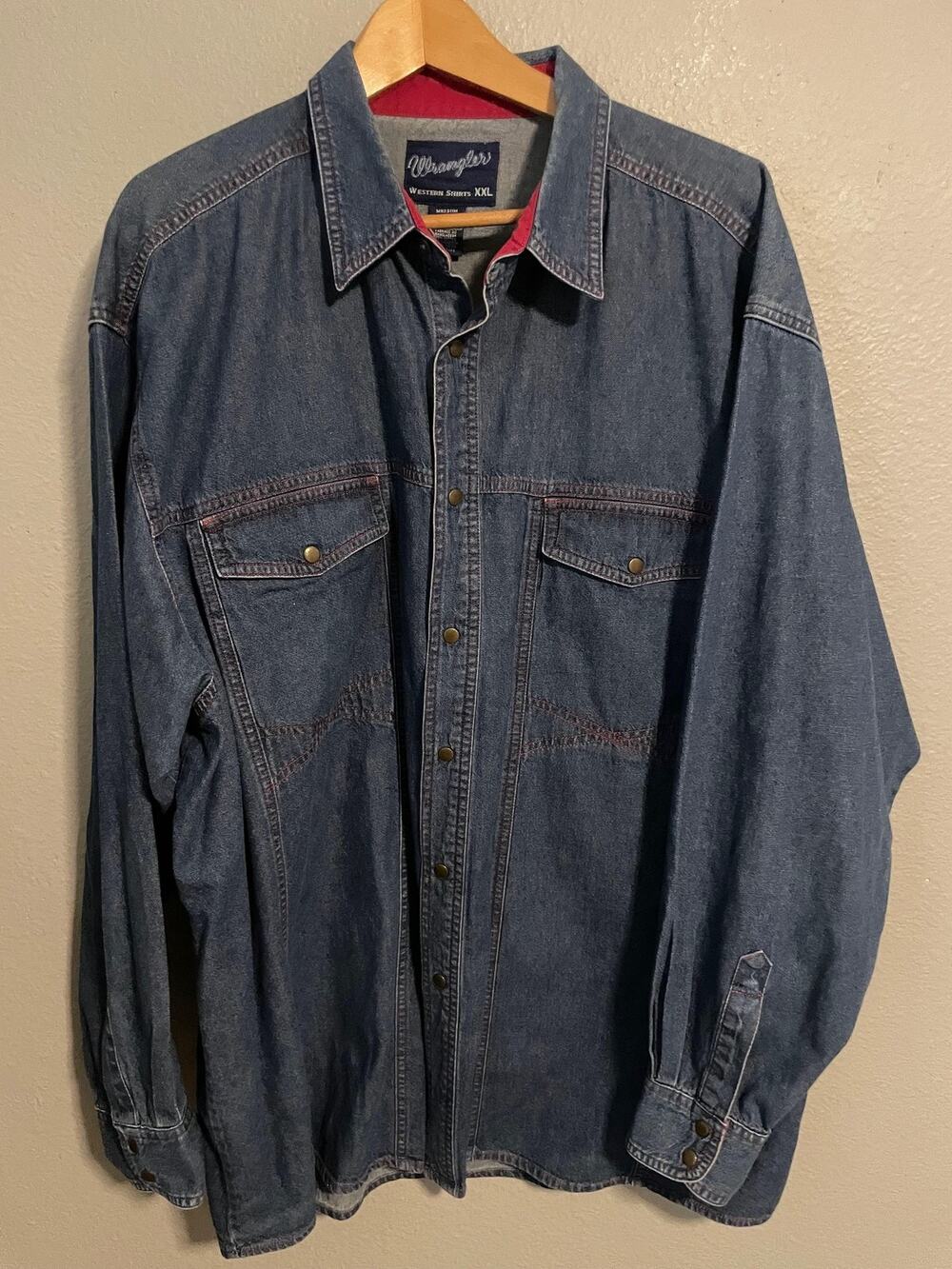Wrangler Mens Shirt 2XL Blue Denim Western Snap Front Long Sleeve Cowboy